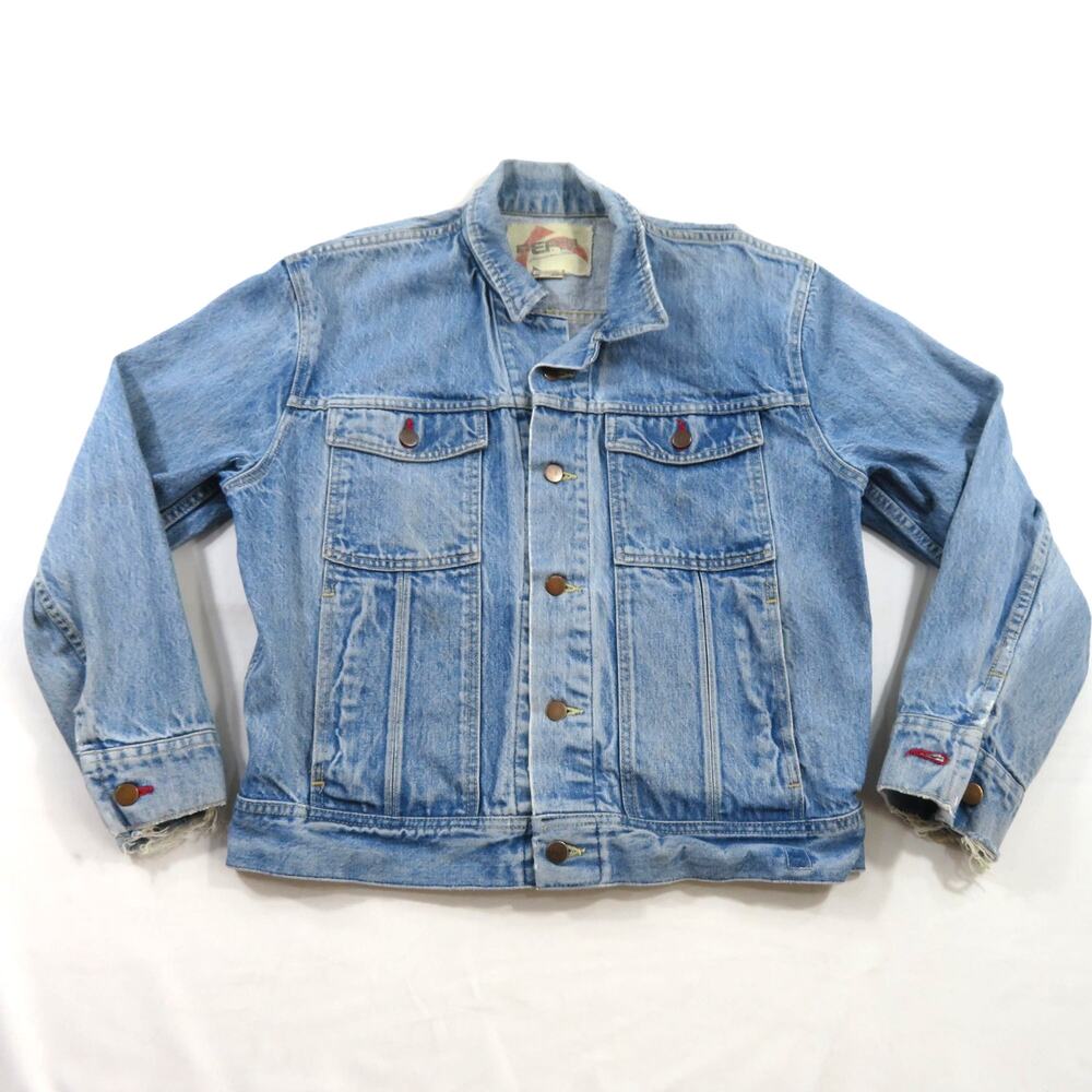 Pepsi Denim Jean Jacket Trucker Light Wash Blue Made in USA Sz M Semi Distressed